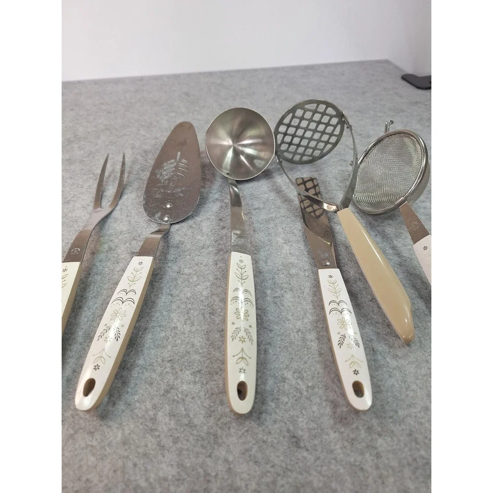 Vintage Ekco Flint Kitchen Utensil Set 6pc Stainless Steel Floral Handles USA